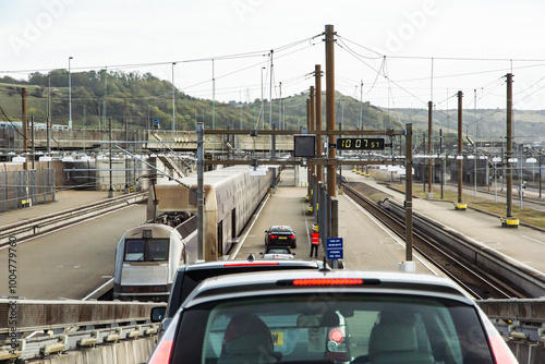 Queue of cars waiting in Folkestone to board the channel tunnel shuttle to France or Calais