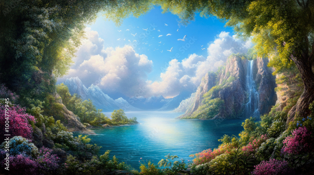 Serene landscape with mountains, waterfalls, and vibrant flowers under a bright sky during early morning Serene landscape with mountains, waterfalls, and vibrant flowers under a bright sky during early morning