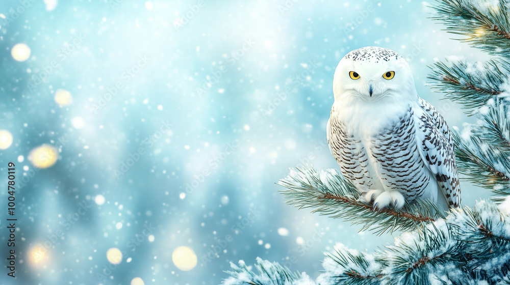 Obraz premium Majestic snowy owl with serene gaze perched on Christmas pine branch against wintry snowfall background with copy space.