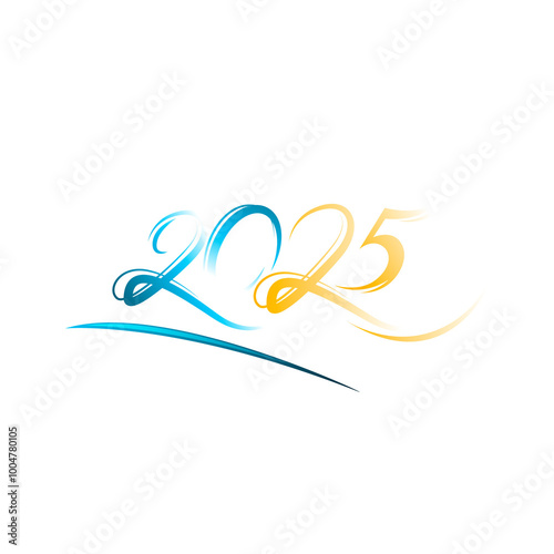 Neon golden and blue glow letters 2025. Vector glitter design element for holiday cards, Christmas or New Year party organizer headliner, banner, poster, web. Template for 2025 year