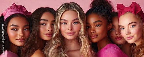 A vibrant portrait featuring diverse women united by beauty and style against a pink backdrop, showcasing confidence and friendship.