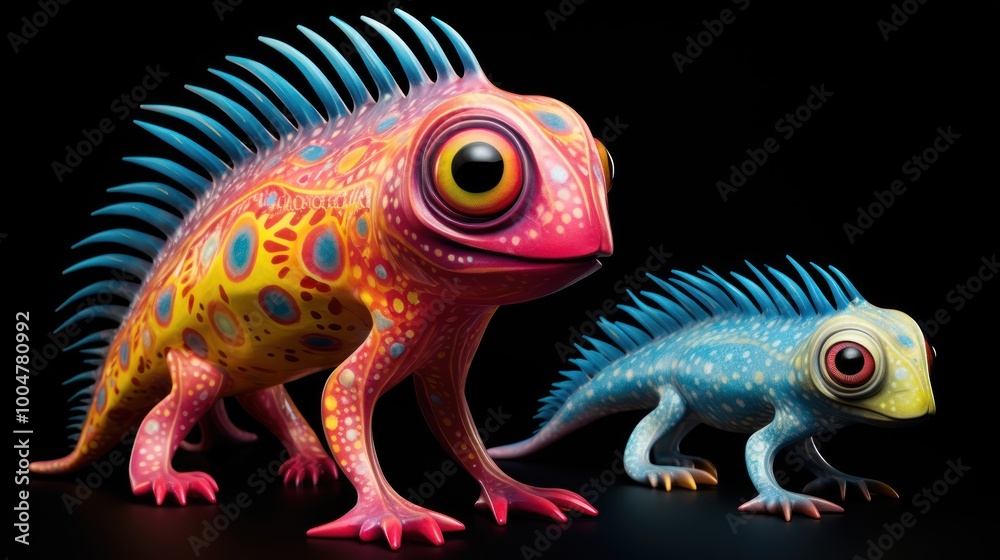 Colorful Cosmic Creatures on Black Background. Alien Beings. Fantasy Concept Art