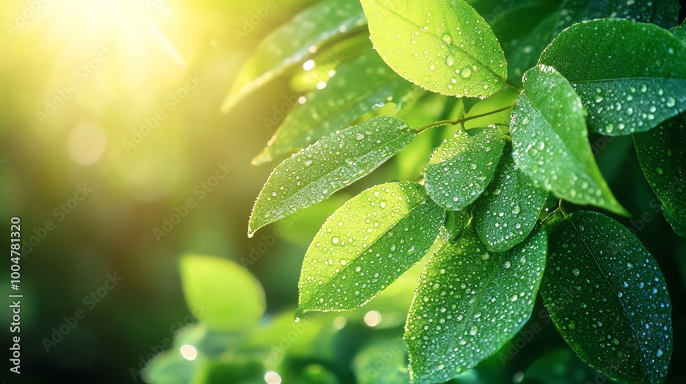 Close-up of green leaves with dew drops glistening in the morning sunlight. Close-up of green leaves with dew drops glistening in the morning sunlight.