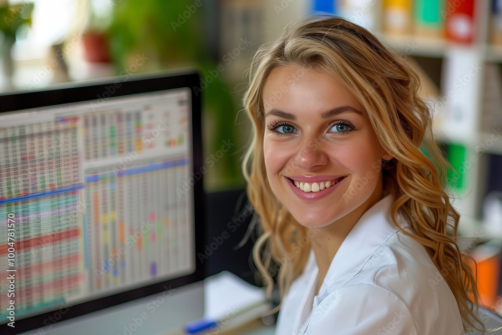 Cheerful female accountant using computer at her workstation in the office Cheerful female accountant using computer at her workstation in the office