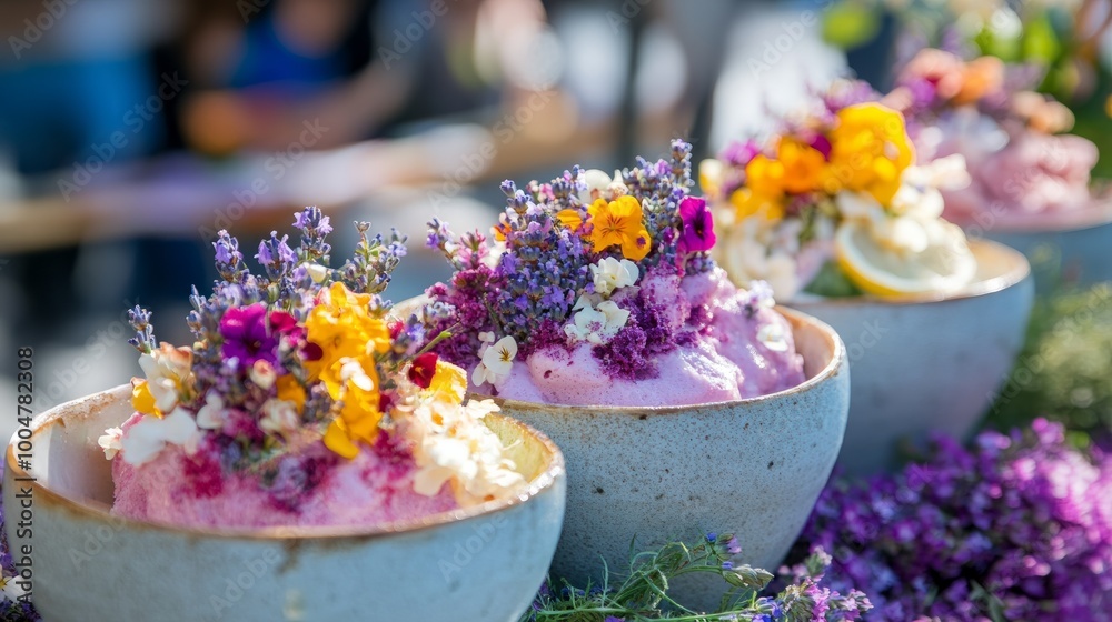 An outdoor food festival with a bingsu stand offering unique flavors like rose, lavender, and lemon, topped with edible flowers, creating a floral and refreshing feast. An outdoor food festival with a bingsu stand offering unique flavors like rose, lavender, and lemon, topped with edible flowers, creating a floral and refreshing feast.