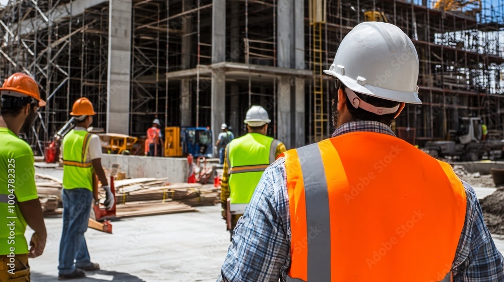 Naklejka premium Team of construction workers discussing project plans at a busy building site, copy space