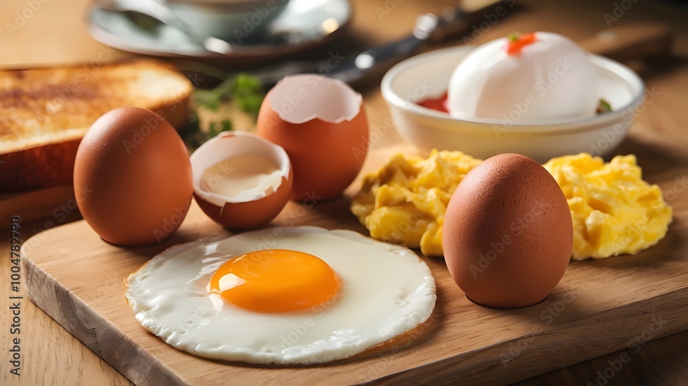 Eggs on Wooden Table with Toast and Herbs Eggs on Wooden Table with Toast and Herbs