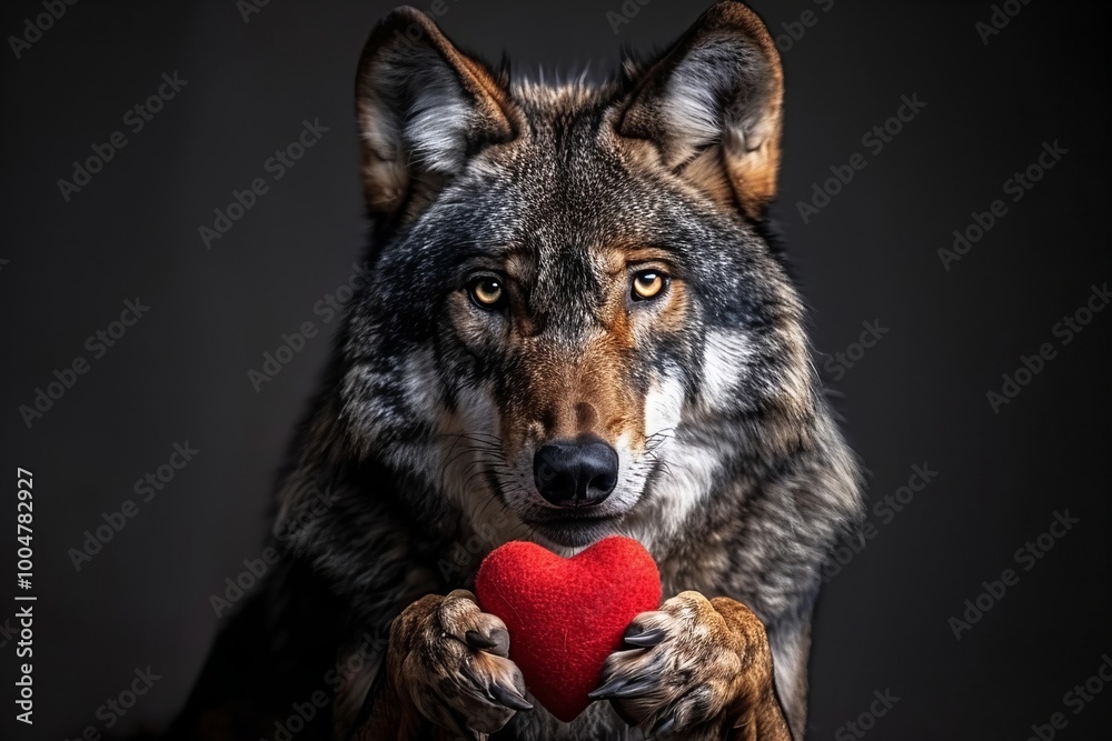 Romantic Wolf Holding Heart on Black Background for Valentine's Day Romantic Wolf Holding Heart on Black Background for Valentine's Day