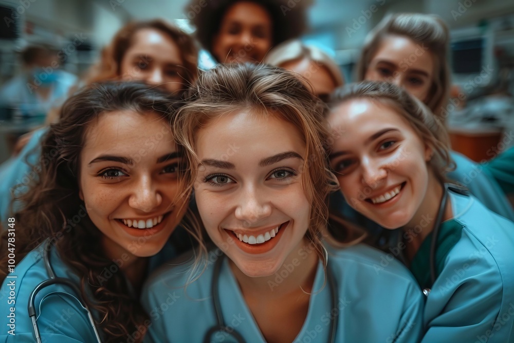 Confident Nursing Student Strikes Pose with Team in Hospital Environment Confident Nursing Student Strikes Pose with Team in Hospital Environment
