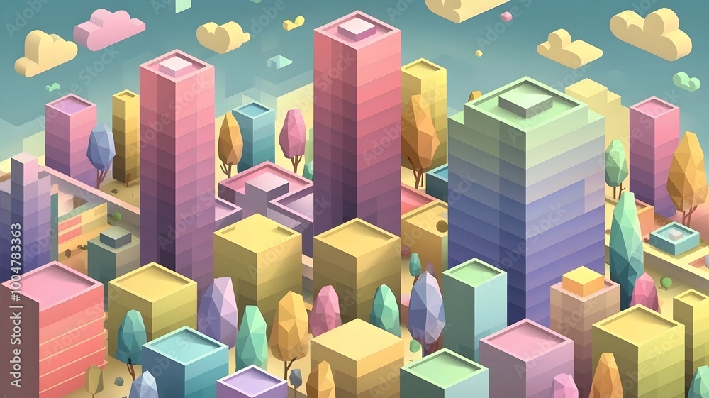 Fototapeta premium Geometric pastel cityscape with varied building shapes
