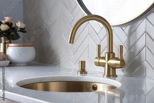 Luxurious Kitchen Sink Area with Herringbone Backsplash Tiles, White Marble Countertop, and Gold Faucet$view.