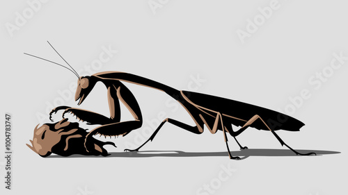 Mantis devouring prey in chiaroscuro lighting.