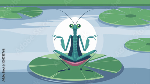 Surreal vision of mantis meditating in lotus pose, emitting glow.