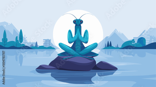 Surreal vision of mantis meditating in lotus pose, emitting glow.