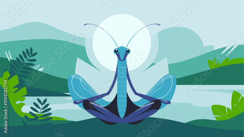 Surreal vision of mantis meditating in lotus pose, emitting glow.