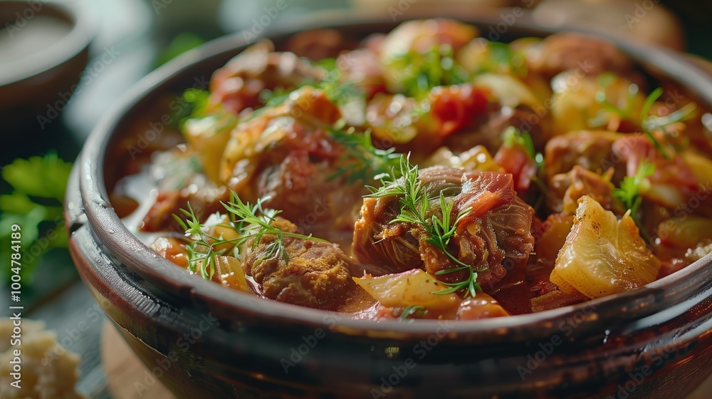 A clay bowl filled with delicious stewed meat with cabbage and vegetables. Warm tones of the image and the presence of wooden and natural decorative elements. A clay bowl filled with delicious stewed meat with cabbage and vegetables. Warm tones of the image and the presence of wooden and natural decorative elements.