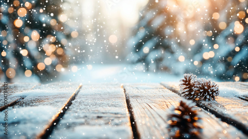 Christmas scene with wooden table festive holiday decorations