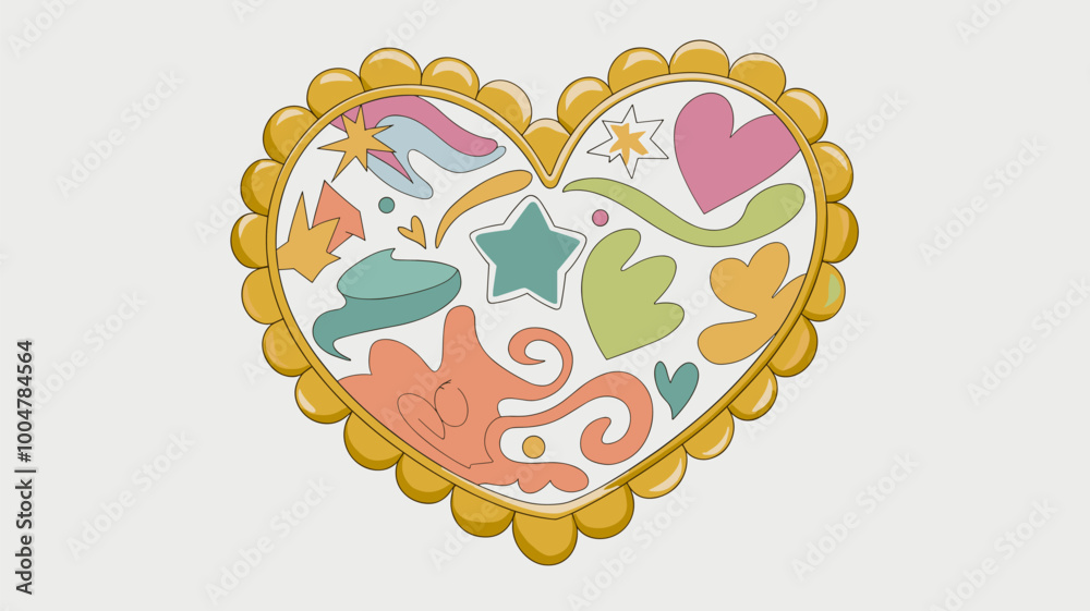 Playful golden picture frame with whimsical shapes and patterns. Playful golden picture frame with whimsical shapes and patterns.