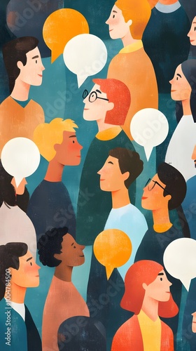 A group of people standing around each other, with speech bubbles floating above their heads and filled in different colors