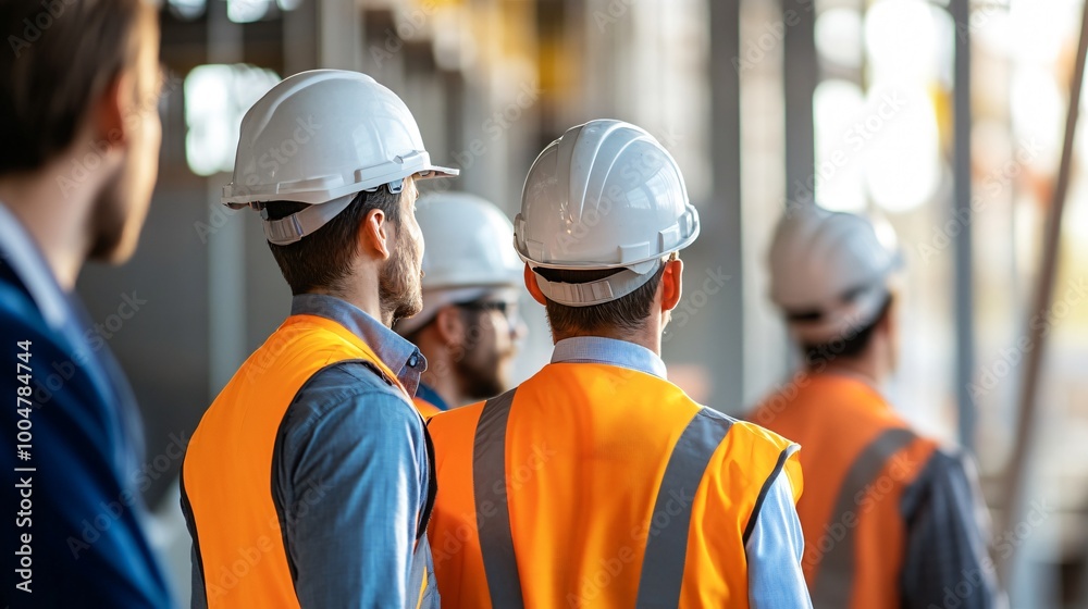 Team of construction workers discussing project plans at a busy building site, copy spac Team of construction workers discussing project plans at a busy building site, copy spac