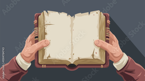 Weathered hand holding ancient book with blank parchment cover.