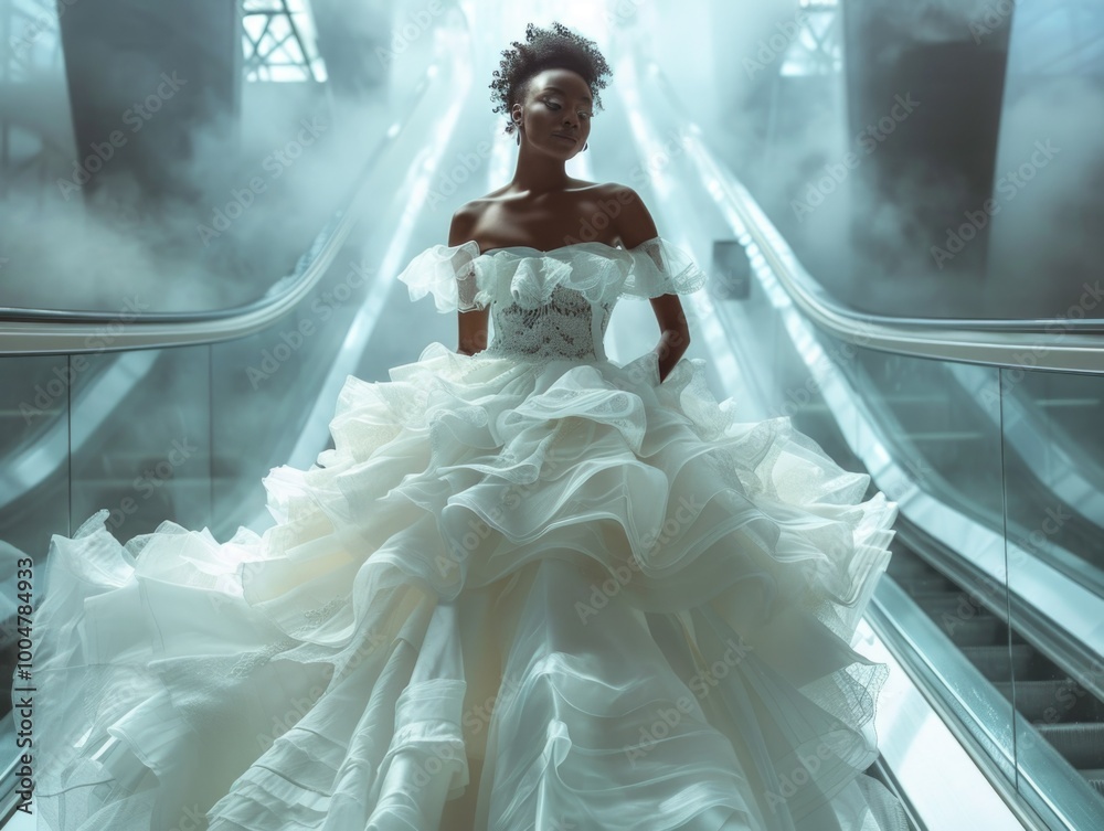 Dark-skinned model in a billowy off-the-shoulder wedding gown, intricate fabric details and train, standing against a fog-filled escalator backdrop, cinematic lighting enhances the bridal runway feel
Dark-skinned model in a billowy off-the-shoulder wedding gown, intricate fabric details and train, standing against a fog-filled escalator backdrop, cinematic lighting enhances the bridal runway feel