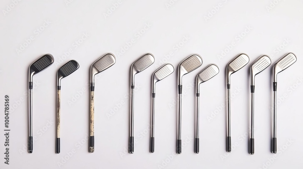 Golf club set in a row, each with varying degrees of wear, representing the journey of precision mastery Golf club set in a row, each with varying degrees of wear, representing the journey of precision mastery