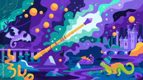 A magic wand casting a vibrant spell over a fantastical landscape, with colorful magic effects and creatures.