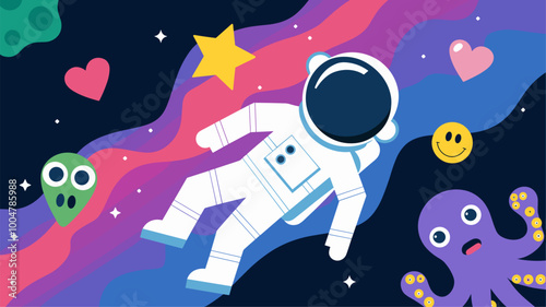 Astronaut floating in space, surrounded by playful objects and nebulae.