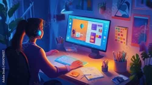 Night Owl Designer: A young woman, illuminated by the soft glow of her computer screen, deeply engrossed in her design work late into the night.  The image evokes a sense of focus, creativity.