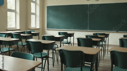 Empty classroom with chalkboard and rows of desks with chairs. Break at school. 4k videos. Classroom