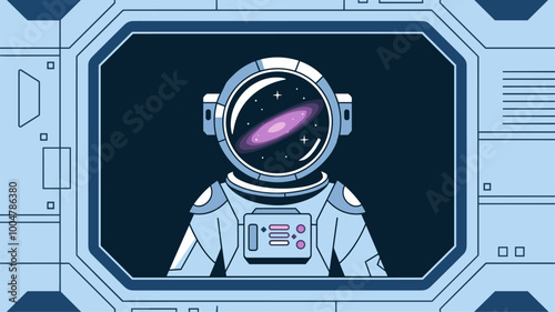 Astronaut in futuristic spacesuit, helmet reflecting nebula, framed by spaceship window.
