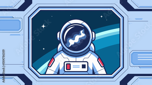 Astronaut in futuristic spacesuit, helmet reflecting nebula, framed by spaceship window.