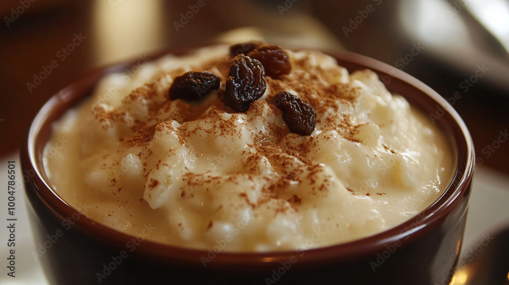 A creamy rice pudding topped with cinnamon and raisins, served warm. A creamy rice pudding topped with cinnamon and raisins, served warm.