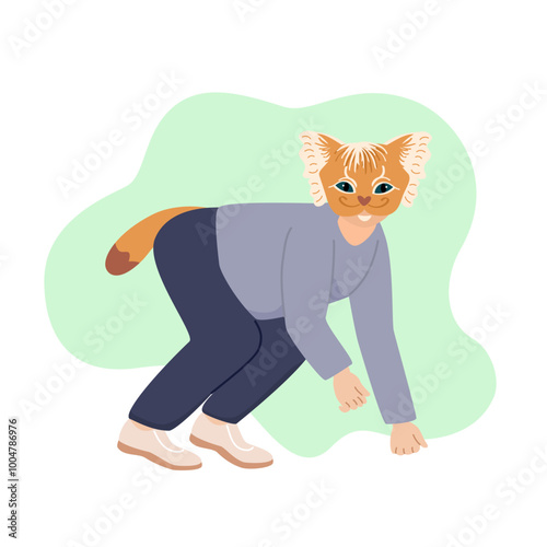 Furry teen jumping. Therian girl in cat mask. Quadrobics fandom subculture. Teenager in animal costume, tail, furry mask. Therianthropy, disguise.