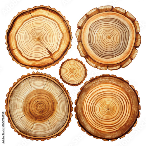 Tree trunk cuts and wood cross section collection, ideal for nature, woodworking, and ecological design