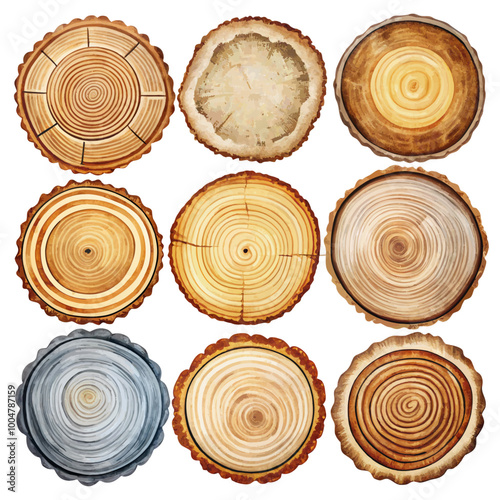 Tree trunk cuts and wood cross section collection, ideal for nature, woodworking, and ecological design