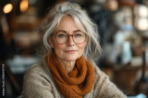 confident 55yearold woman seated at her office desk exuding warmth and authority while engaging with her work set against a professional yet inviting workspace photo