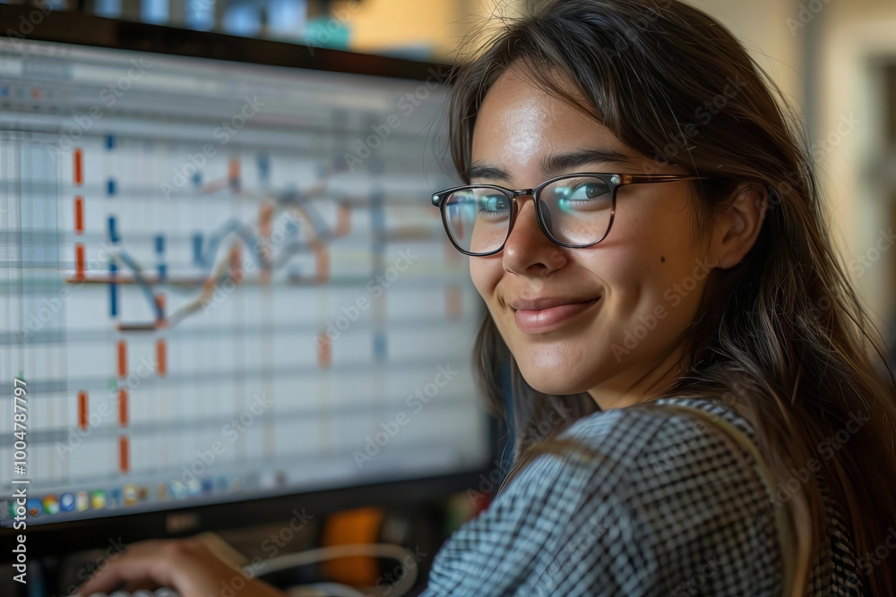 Thirty-something woman with long brown hair and glasses happily working on digital project schedule with gantt charts on computer Thirty-something woman with long brown hair and glasses happily working on digital project schedule with gantt charts on computer