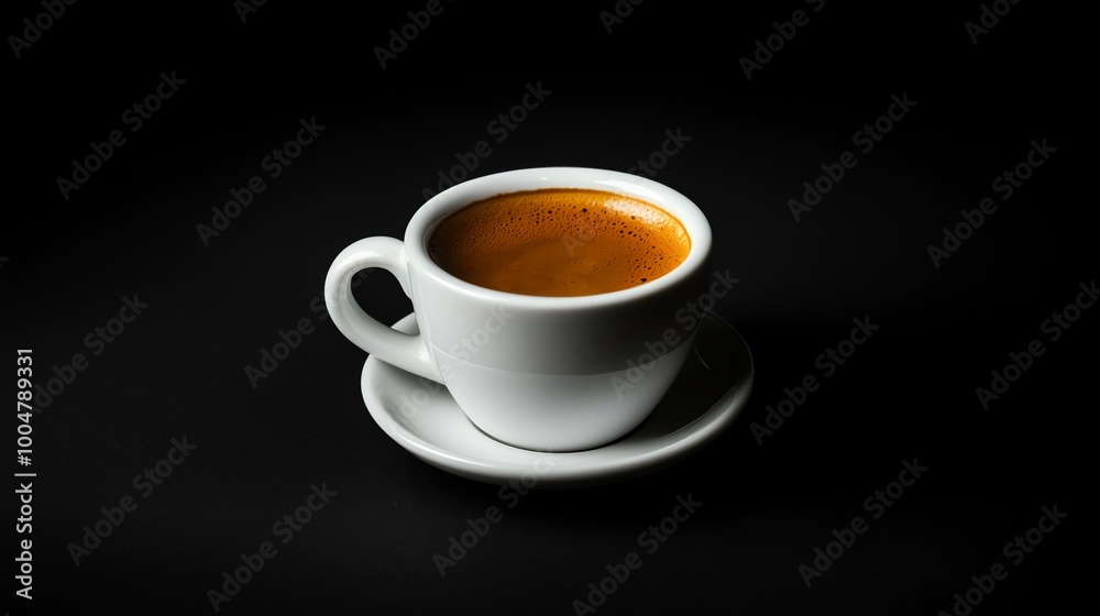 A white cup of espresso with crema on a saucer, sitting on a black surface. A white cup of espresso with crema on a saucer, sitting on a black surface.