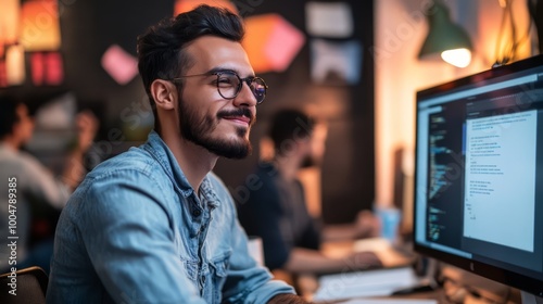 Smiling Programmer at Work: A young, bearded man with glasses smiles contentedly while working on his computer in a modern, busy office. The image conveys focus, creativity, and success in tech. 