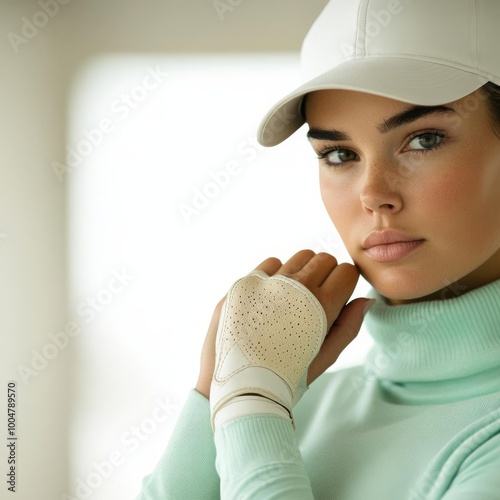 Woman golfer adjusting her glove, preparing for the swing, quiet confidence and precision in the stance photo