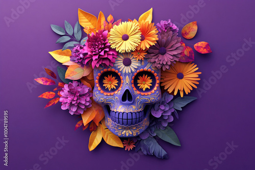 Mexican sugar skull with floral design and flower on lilac background. Dia de muertos celebration. Fiesta, Halloween holiday poster, flyer, greeting card photo