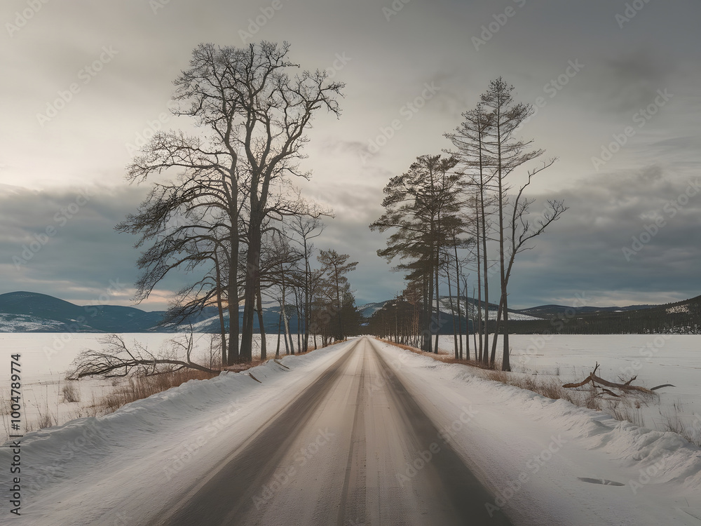 Un camino cargado de nieve en un desolado paisaje invernal
Un camino cargado de nieve en un desolado paisaje invernal