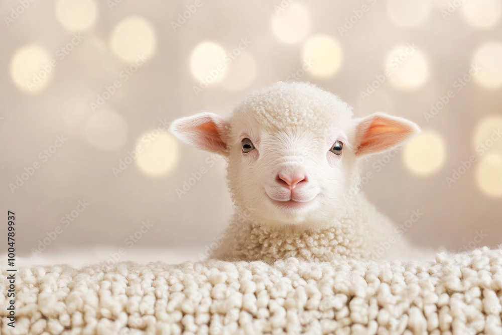A cute lamb against a festive background with warm, glowing lights. Perfect for Christmas or children’s designs A cute lamb against a festive background with warm, glowing lights. Perfect for Christmas or children’s designs