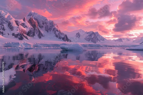 Polar sunset over icy waters and snow-covered mountains 