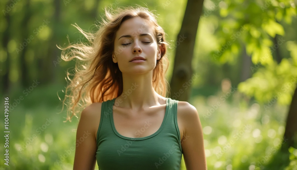 girl in a field. Breathing in the green park girl in a field. Breathing in the green park