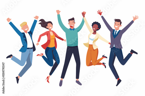 Collection of happy business employee males of different skin tones jumping in the air cheerfully isolated on white background.