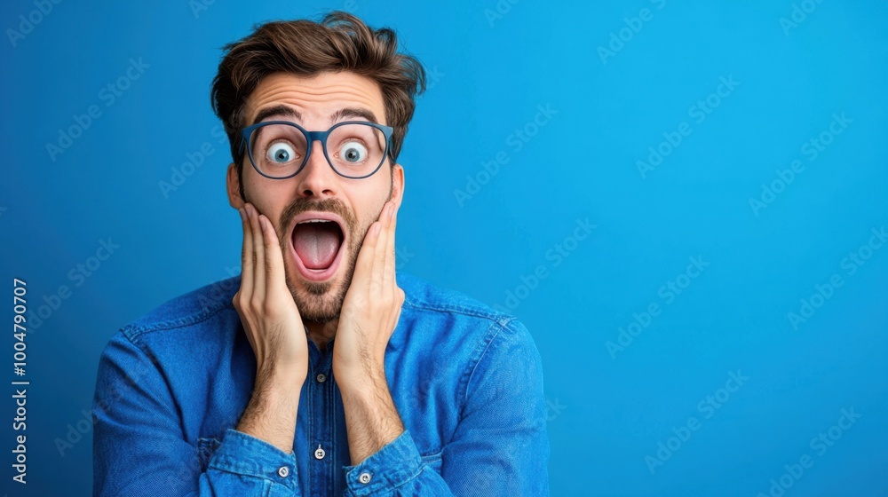 Man Expresses Surprise and Awe Against Blue Background Man Expresses Surprise and Awe Against Blue Background