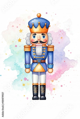 traditioneller Nussknacker in blauer Uniform, Wasserfarben. Passt perfekt zu festlichen Anlässen und für die Weihnachtskarte, Platz für Text, generative KI